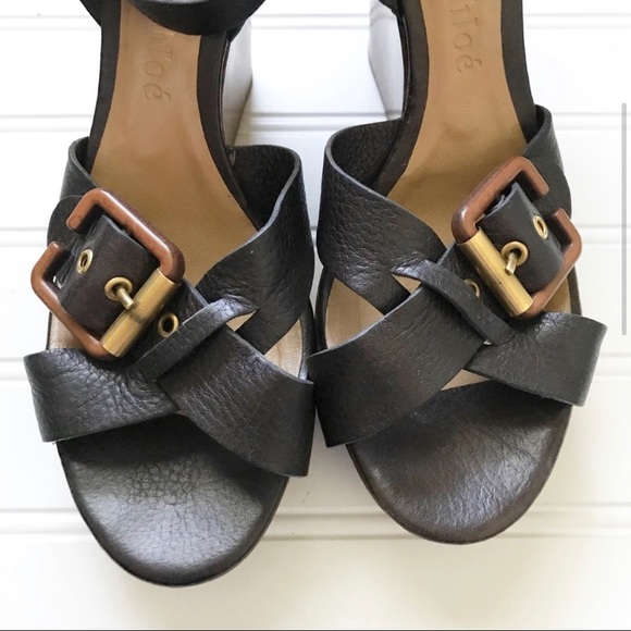 Chloe Buckle Wooden Sole Wedges Size 37 - Picture 1 of 9